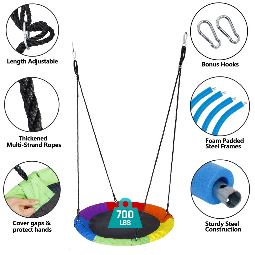 ZenSports 700lb Outdoor 40" Kids Saucer Web Tree Swing Set - 70’’ Adjustable Ropes 360 Rotate°; Steel Frame; UV Protection; Fluidproof; Multi-Color Rainbow