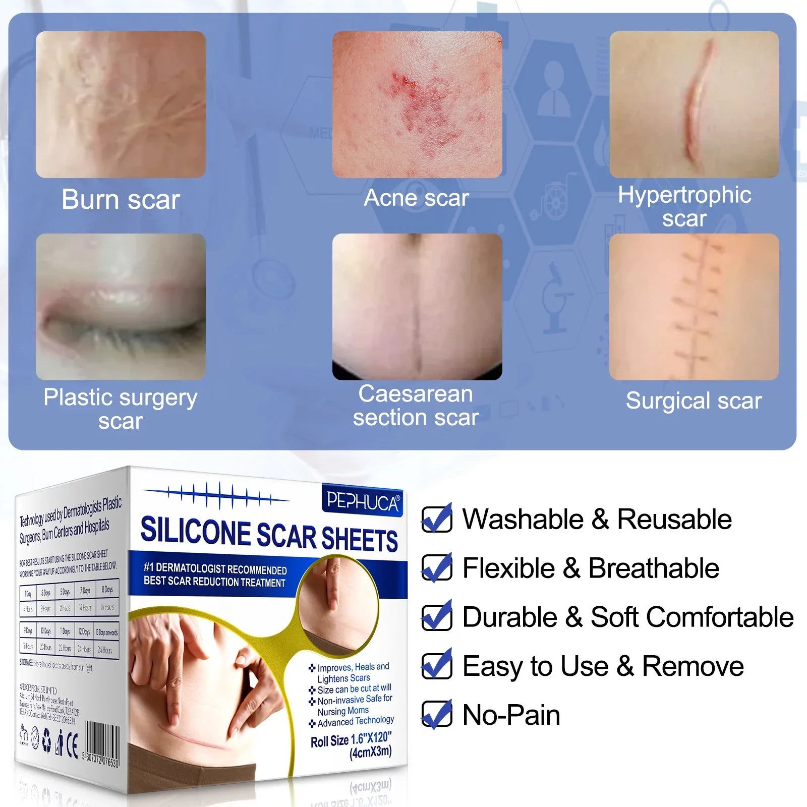 Pephuca Medical Grade Silicone Scar Sheets;Reusable and Breathable Silicone Gel Tape for Scar Removal;120inch x 1.6inch Roll Reusable 6 Months Supply;Transparent - 2 Pack