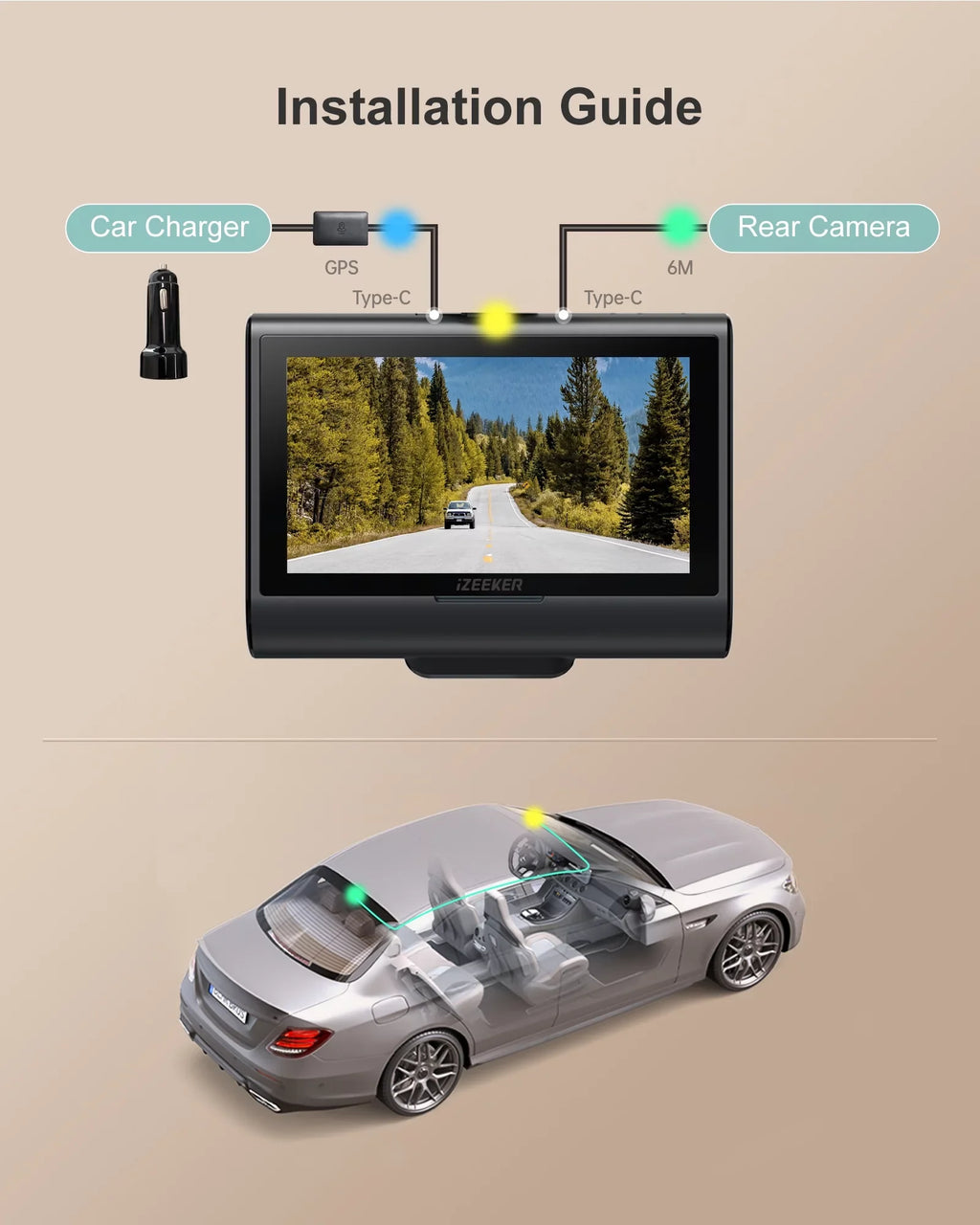 iZEEKER 4K Dash Cam Front and Rear Wi-Fi GPS; 4K+1080P Dual Dashcam; 3'' IPS Touchscreen; WDR; Night Vision; Parking Mode; G-Sensor; Black