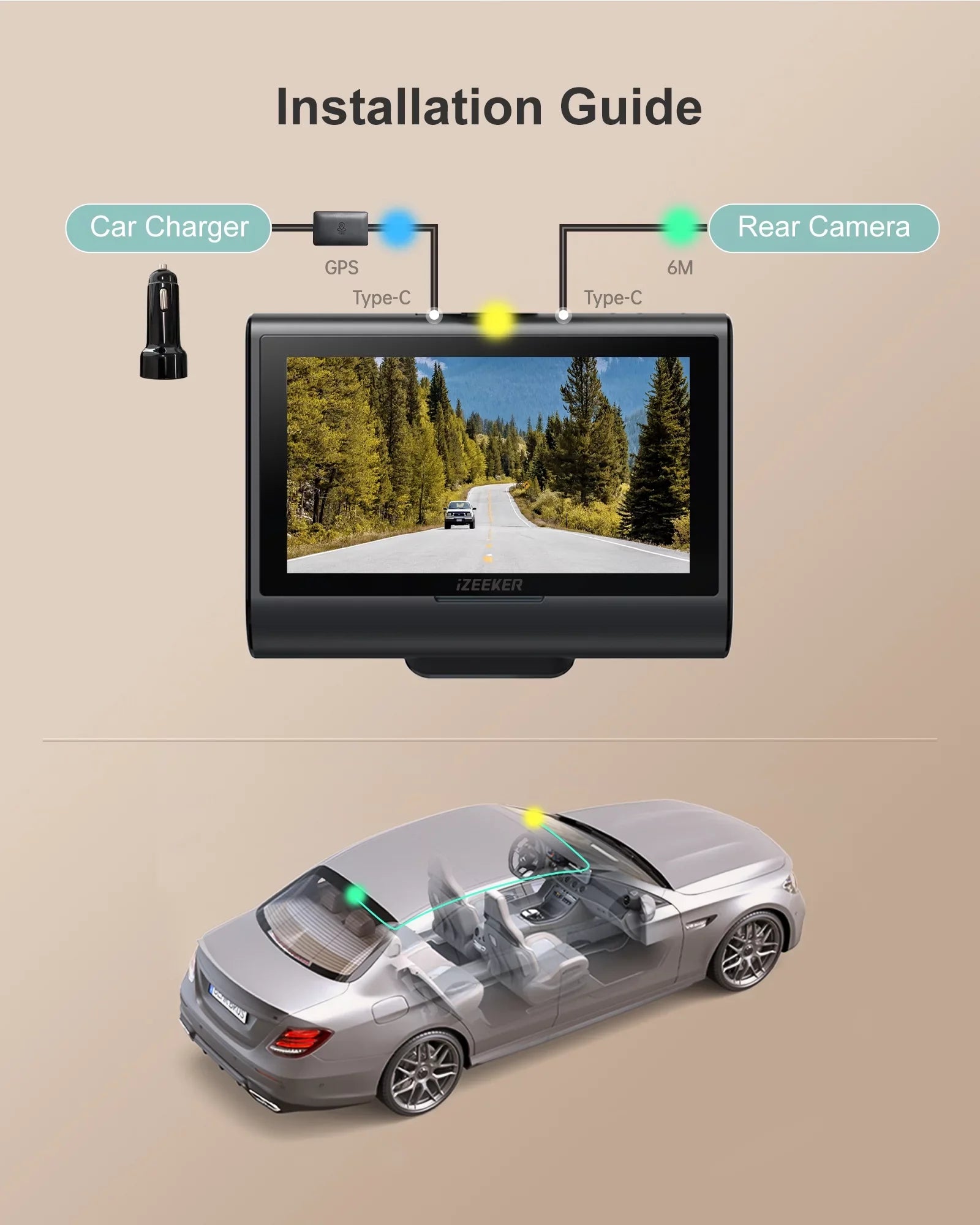 iZEEKER 4K Dash Cam Front and Rear Wi-Fi GPS; 4K+1080P Dual Dashcam; 3'' IPS Touchscreen; WDR; Night Vision; Parking Mode; G-Sensor; Black