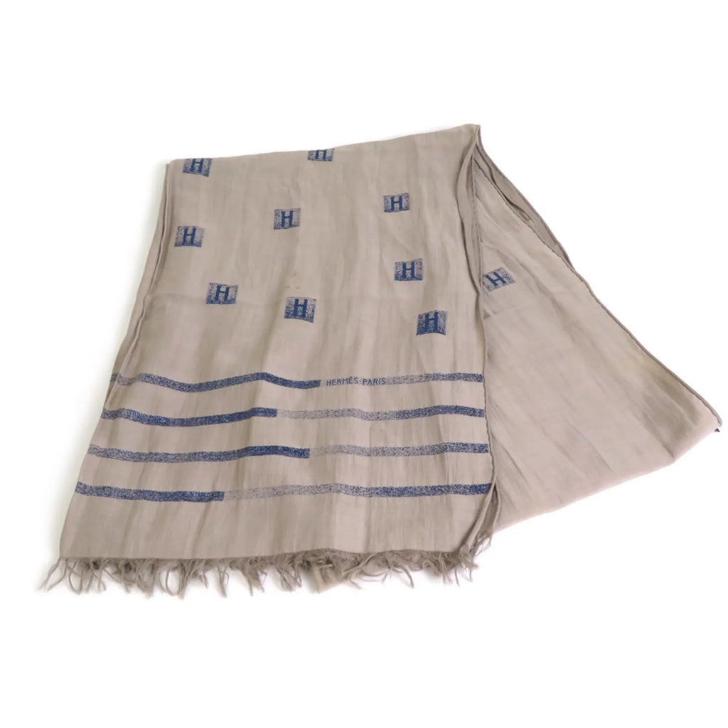 Pre-Owned Hermes HERMES Shawl Scarf H Logo Cotton/Silk/Polyester Greige/Blue Unisex e55881a (Good)