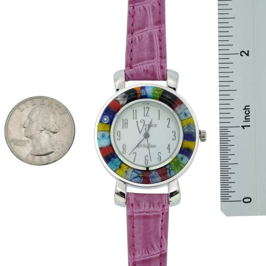 GlassOfVenice Serena Murano Millefiori Watch With Leather Band - Purple