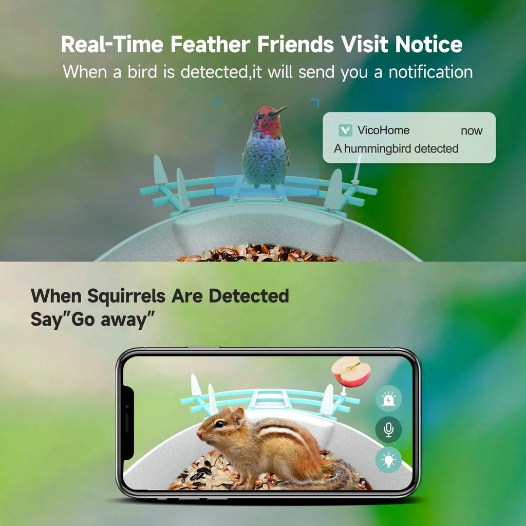 Pristin camera;Video Vico App WiFi Wireless Camera Resolution PIR AI Species Solar Powered Feeder Camera RUSUO Squirrel Proof feeders Camera 1080P Camera Wi-Fi 1080P Video