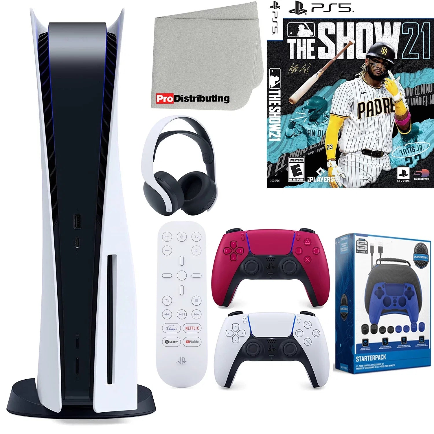 Sony Playstation 5 Disc Version (Sony PS5 Disc) with Cosmic Red Extra Controller; Headset; Media Remote; MLB The Show 21; Accessory Starter Kit and Microfiber Cleaning Cloth Bundle