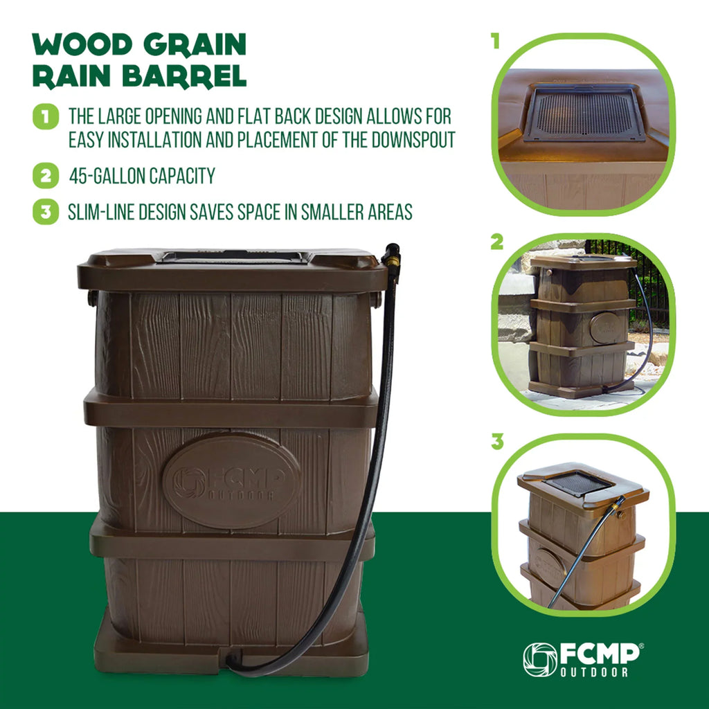 FCMP Outdoor WG4000 45 Gallon Wood Grain Rain Catcher Barrel; Brown