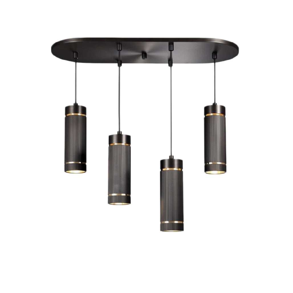 "Moderne Hanglamp met Drie Zwart-Gouden Cilinders"