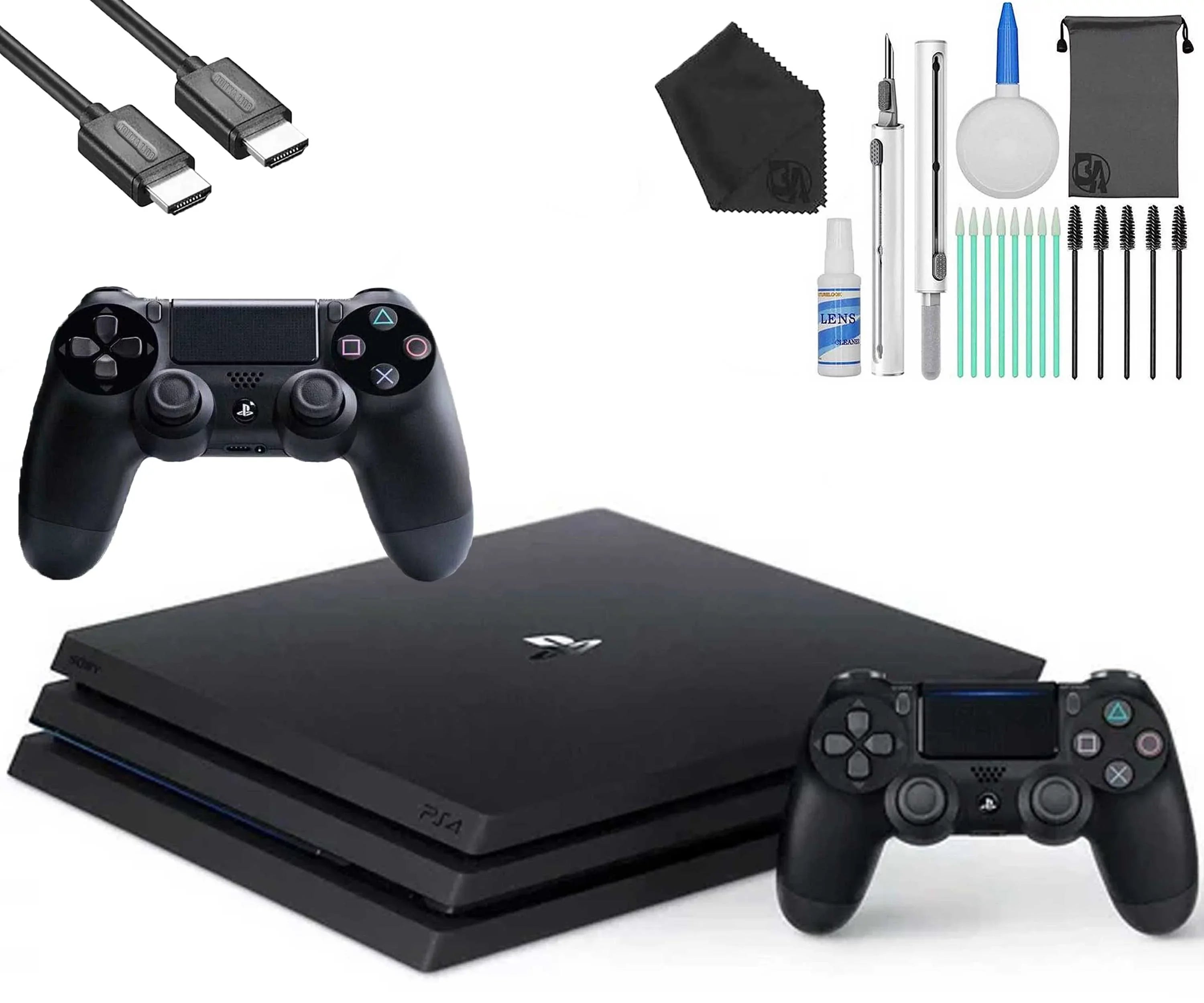 Sony PlayStation 4 PRO 1TB Gaming Console Black; HDMI Cable 2 Controller With Cleaning Kit Like New