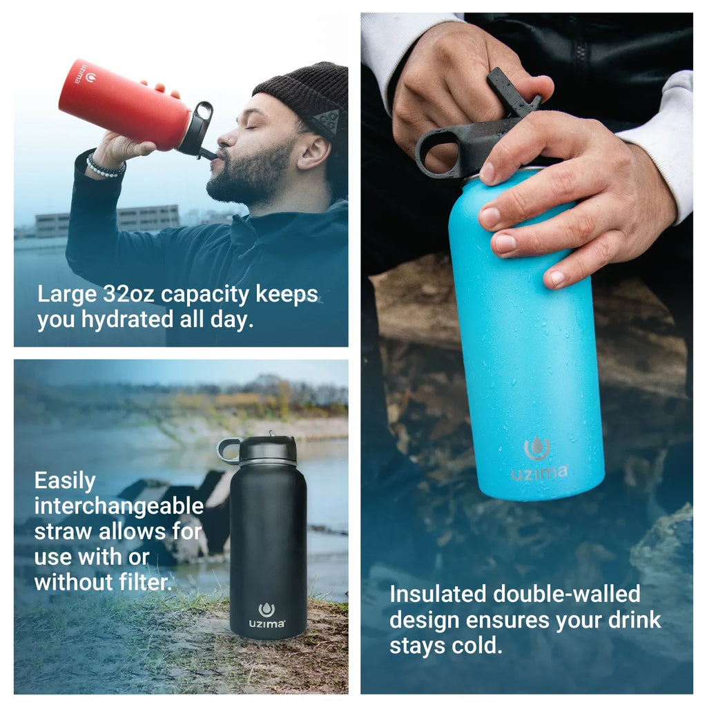Uzima - Z-Source Filtered Bottle for Hiking; Backpacking; Camping; and Travel. Purification on the Go. Large 32oz Capacity with Double-Walled Stainless Steel Exterior. (Leopard)