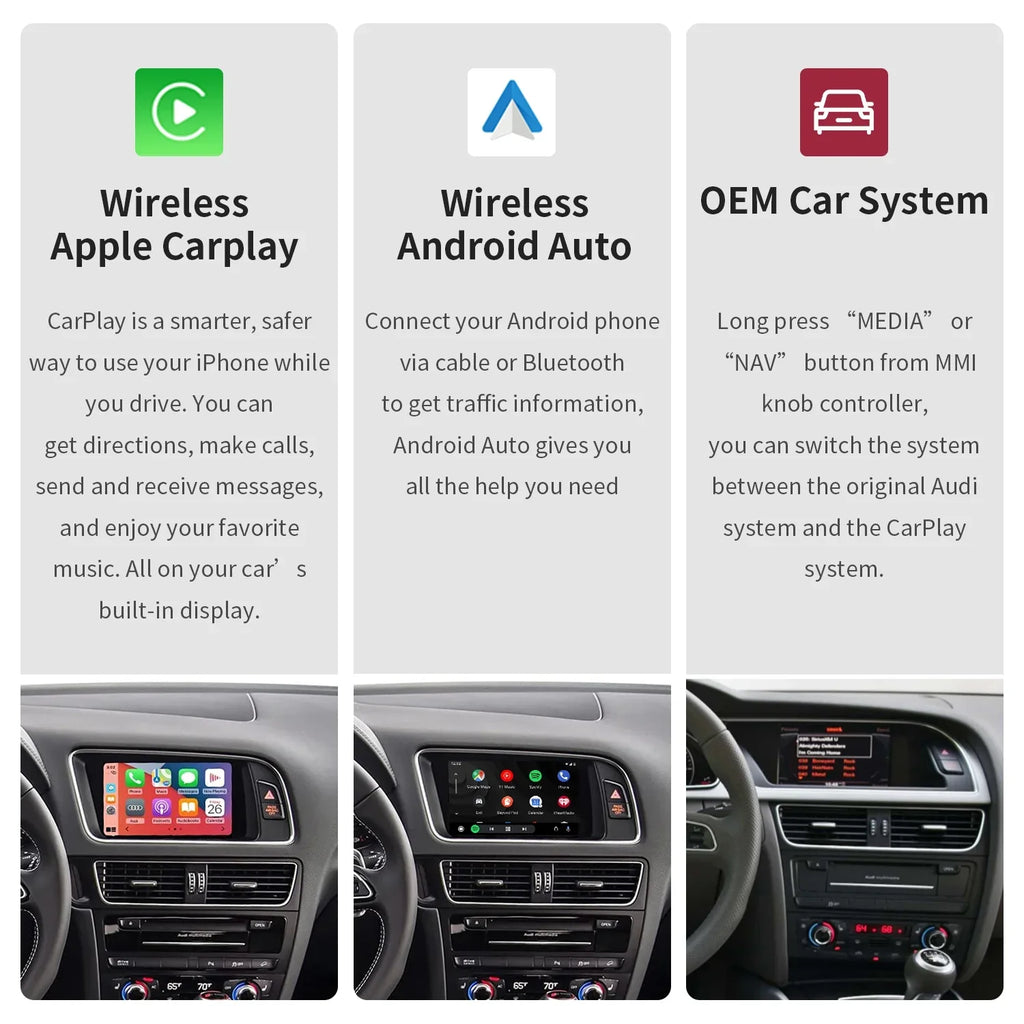 Ninetom Wireless Android Auto Carplay for Audi A4 A5 S4 S5 RS4 RS5 Q5 2008-2015 Support 3GMMI System;Carplay Retrofit Kit;Mirrorlink;Siri;Navigation;YouTube;Original Control;Camera