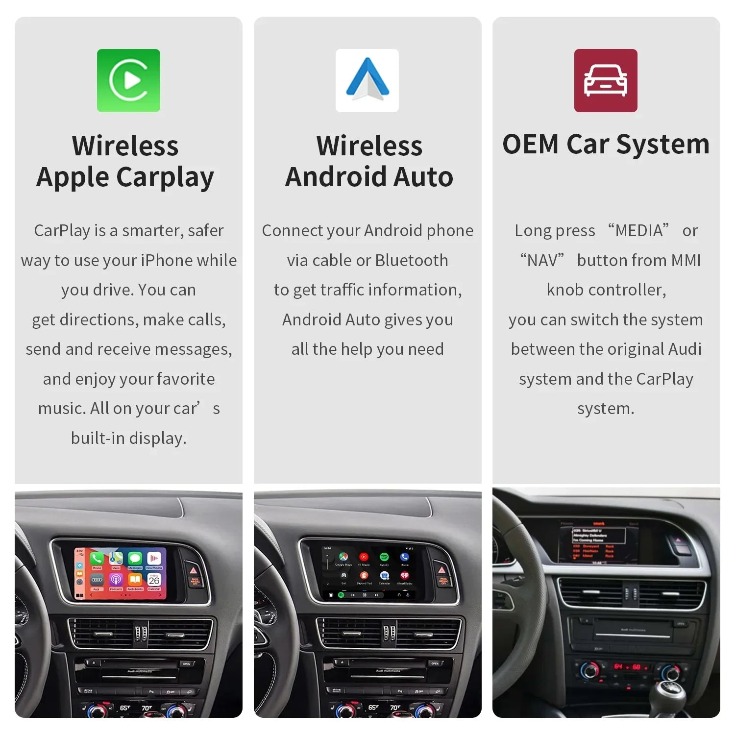 Ninetom Wireless Android Auto Carplay for Audi A4 A5 S4 S5 RS4 RS5 Q5 2008-2015 Support 3GMMI System;Carplay Retrofit Kit;Mirrorlink;Siri;Navigation;YouTube;Original Control;Camera
