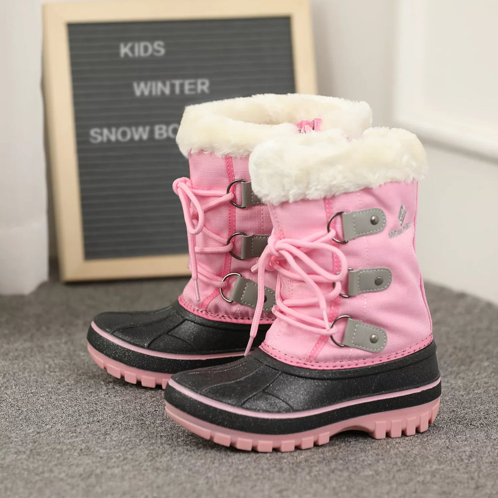 Dream Pairs Boys Girls Toddler Kids Ankle Winter Snow Boots Faux Fur-Lined Soft Boots Shoes Warm FORESTER GREY/PINK Size 12 little kid