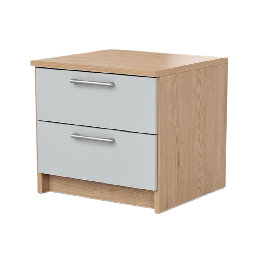 “Moderne Nachtkast met Houten Afwerking en Twee Lades”