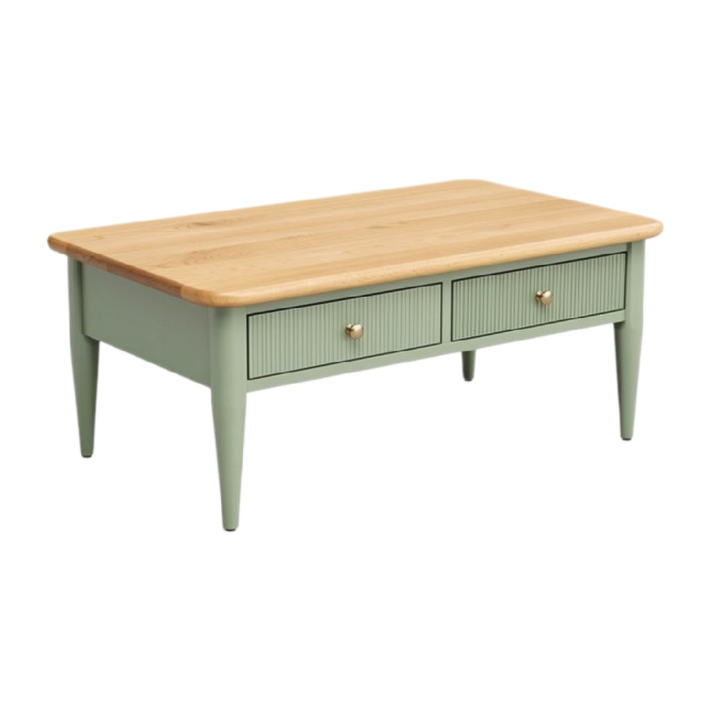 "Moderne Salontafel met Houten Blad en Opbergladen"