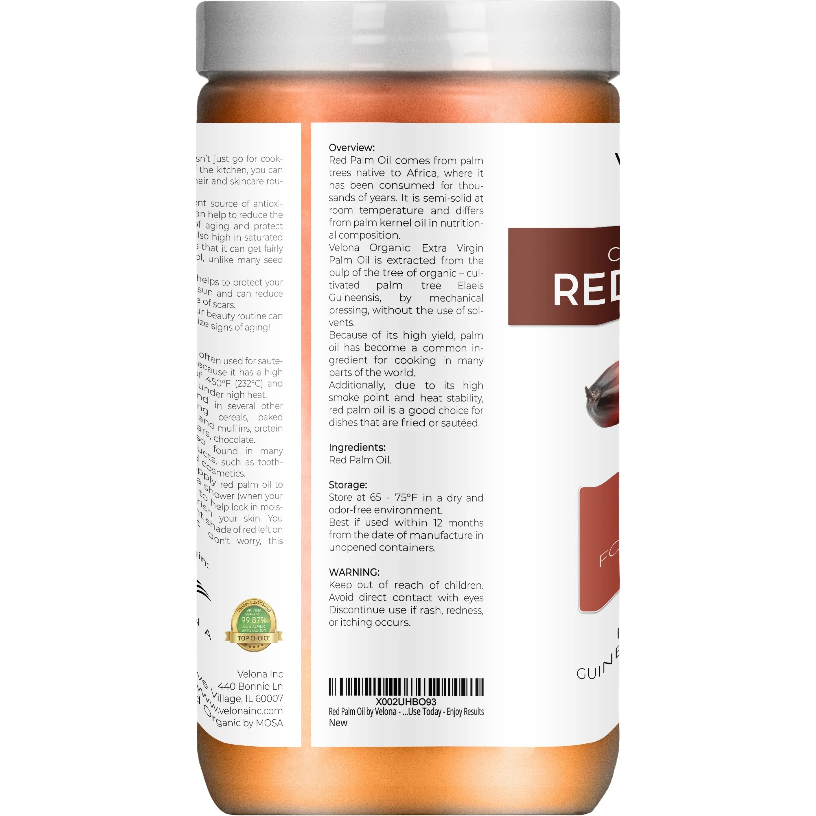 Velona USDA Certified Organic Red Palm Oil - 32 oz | Food and Cosmetic Grade | in jar | Extra Virgin; Cold Pressed | Skin; Face; Body; Hair Care | Use Today - Enjoy Results