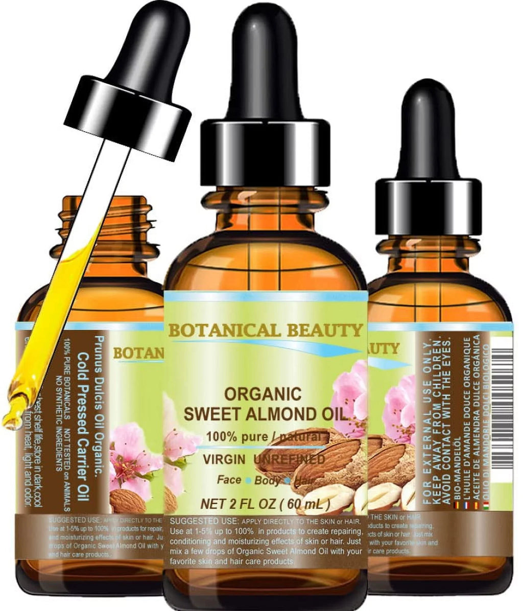 Botanical Beauty Organic Sweet Almond Oil 100% Pure/Virgin/Unrefined Cold Pressed Carrier Oil. 2 Oz-60 Ml. For Face; Hair And Body.