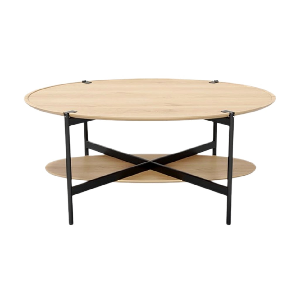 "Moderne Ovale Salontafel met Houten Blad en Metalen Onderstel"