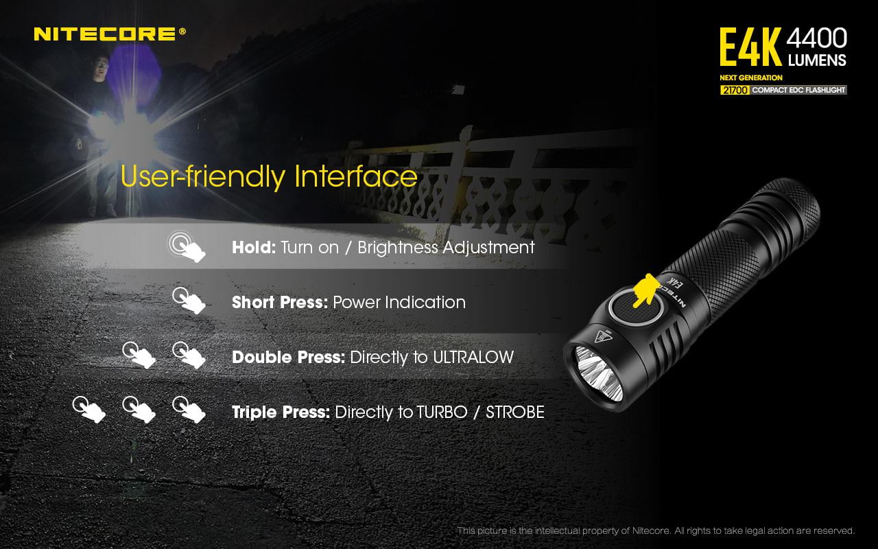 Combo: NITECORE E4K Compact EDC Flashlight - 4400 Lumens -1x NITECORE 21700 Battery Included w/Nitecore UT32 Dual Emitter Headlamp -1100 Lumens