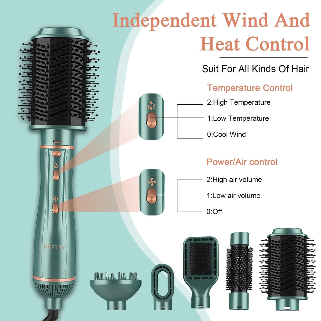 Pretfy Hair Dryer Brush; 5 in 1 Blow Dryer & Volumizer; Negative Ion Detachable Hot Air Brush Set Hair Styler for Straightening/ Drying/ Curling/ Styling