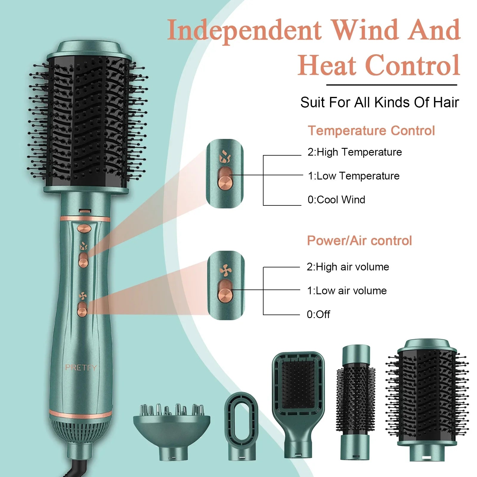 Pretfy Hair Dryer Brush; 5 in 1 Blow Dryer & Volumizer; Negative Ion Detachable Hot Air Brush Set Hair Styler for Straightening/ Drying/ Curling/ Styling