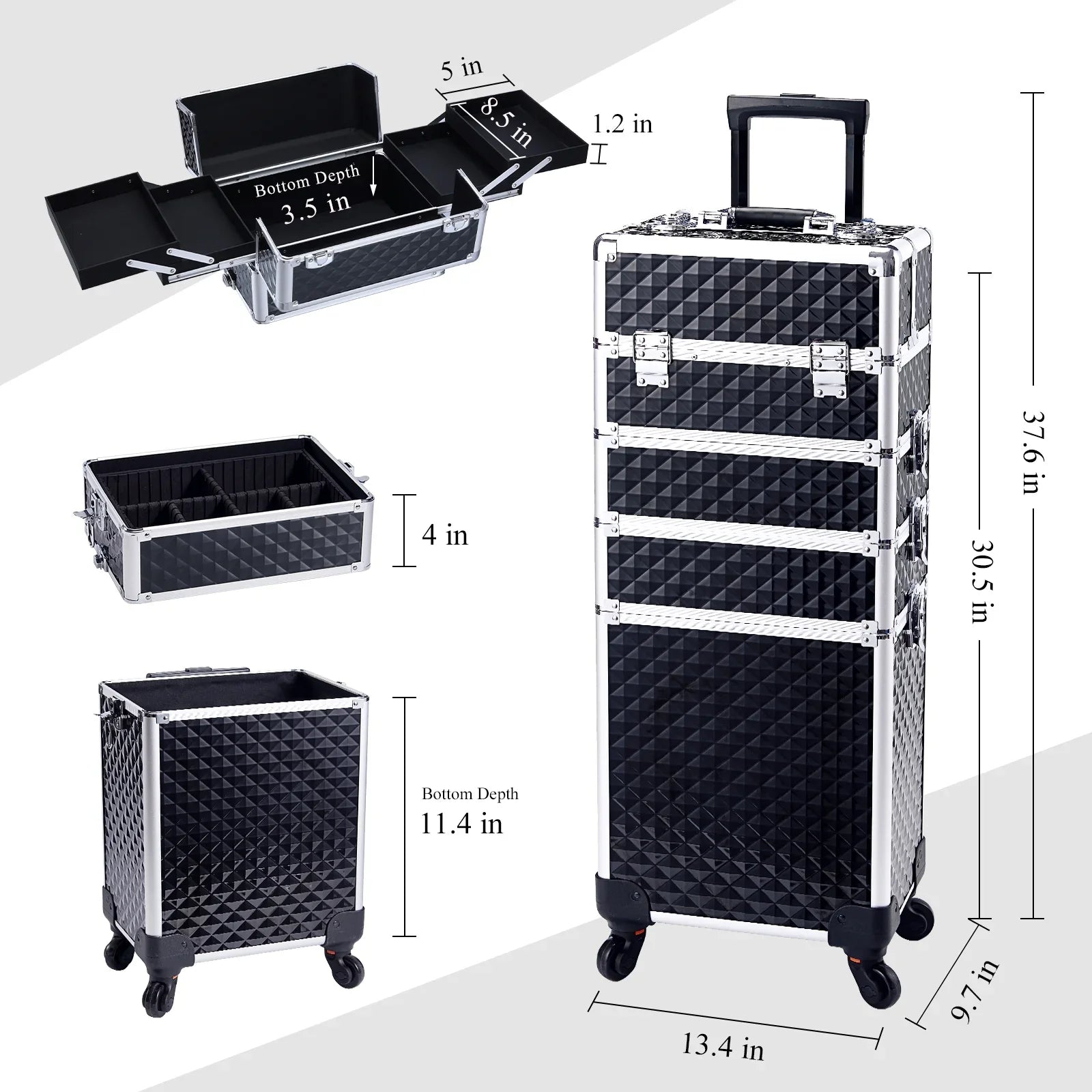 Joligrace 4 in 1 Aluminum Rolling Makeup Case with Wheels Cosmetic Train Case Trolley Box Salon Barber Case