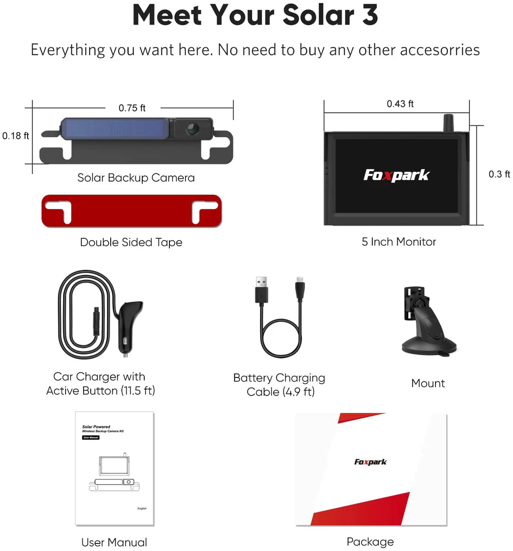 Foxpark Solar RV Wireless Backup Camera 5" Monitor Rear View Camera 2 Channels Trailer Reverse Camera for Van;Camper Highway Observations System (Solar 3)