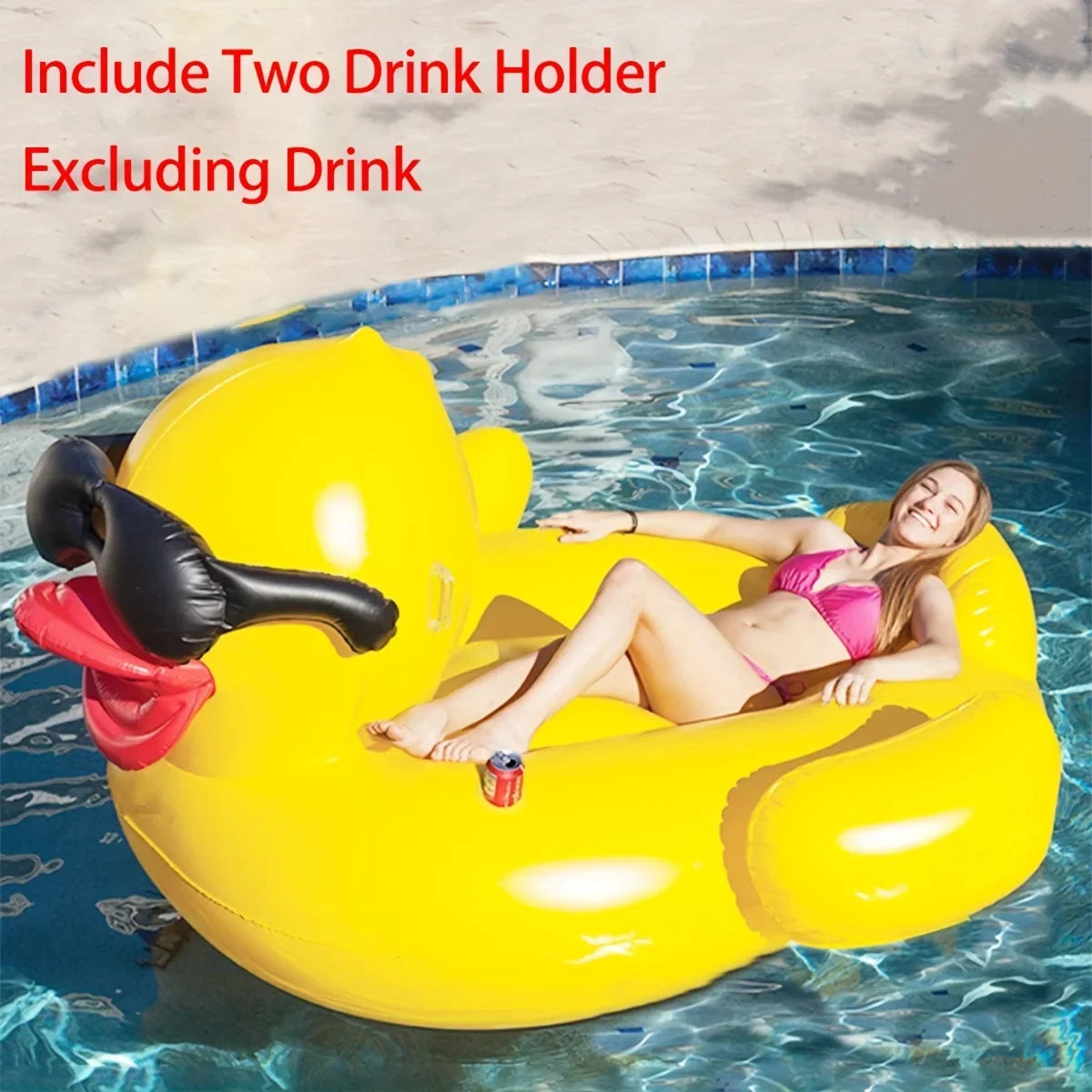 1pc Big Yellow Duck Floating Raft; Inflatable Toy With Two Beverage Holders
