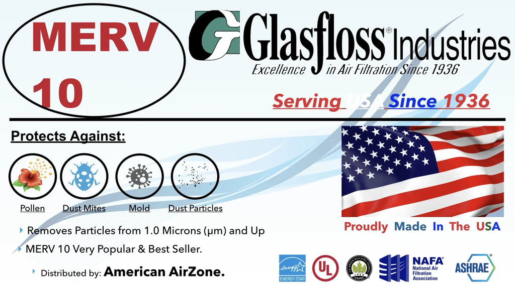 Glasfloss Air Filter 20x20x2 - 2" MERV 10 - (Pack of 4) - Pleated AC or HVAC Air Filter - Furnace Air Filter - Home or Office - Made In The USA.
