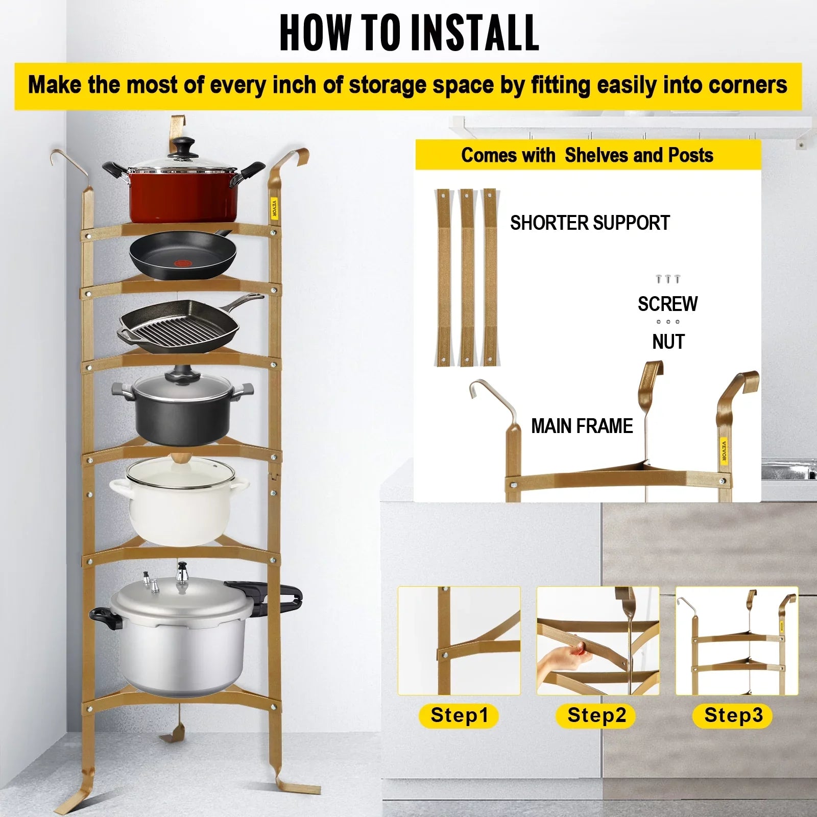 6-Tier Cookware Stand; Carbon Steel Multi-Layer Pot Rack; 61-inch Cookware Shelf; Copper Cookware Storage Tower; Unassembled Kitchen Corner Shelf Rack for Pans; Pots; Baskets Kettles Storage