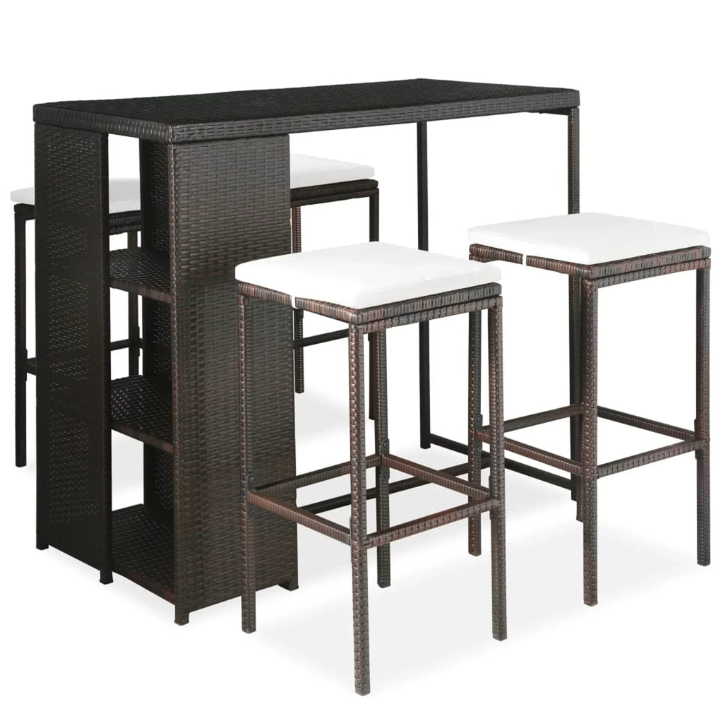 Dcenta 5 Piece Garden Bar Set Table and 4 Stool Chairs with Cushion Counter Height Dining Set Brown Poly Rattan for Bistro; Pub; Backyard; Terrace; Patio Furniture