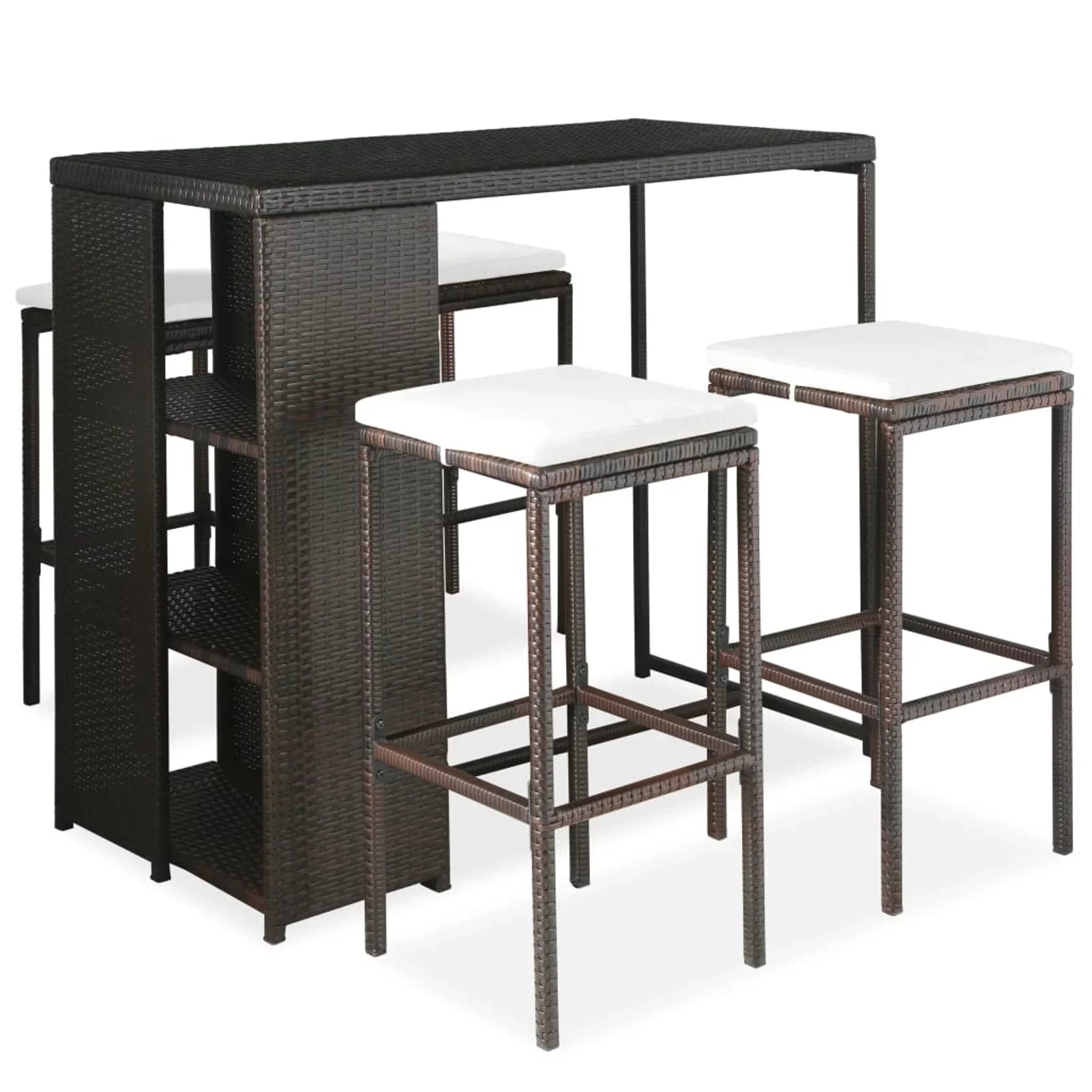 Dcenta 5 Piece Garden Bar Set Table and 4 Stool Chairs with Cushion Counter Height Dining Set Brown Poly Rattan for Bistro; Pub; Backyard; Terrace; Patio Furniture