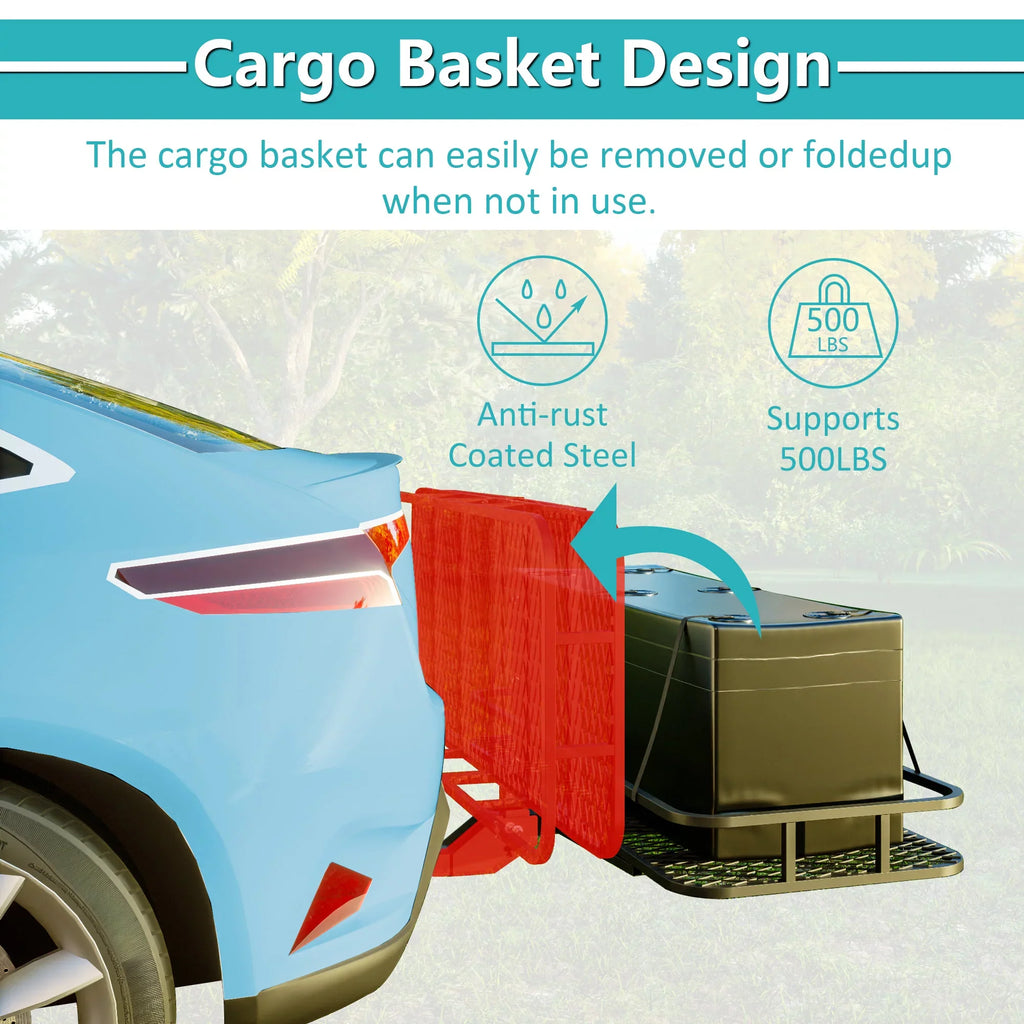 60" x 24" x 6" Hitched Mounted Folding Cargo Basket with a 500 lb Capacity for Car SUV Truck Trailer; Black