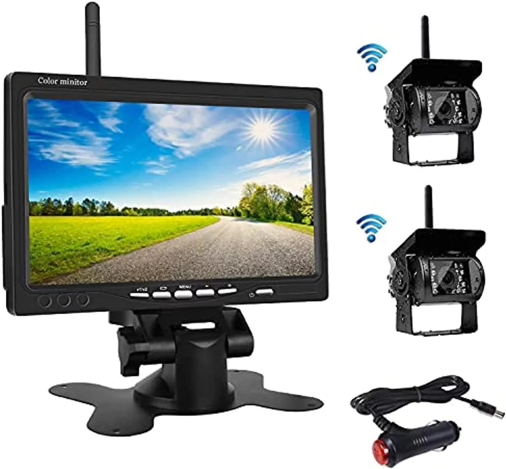 Bileeko RV Backup Camera and Monitor Kit 7 inch LCD Monitor 2 Wireless Rear View Camera for Bus SUV Trucks Trailers