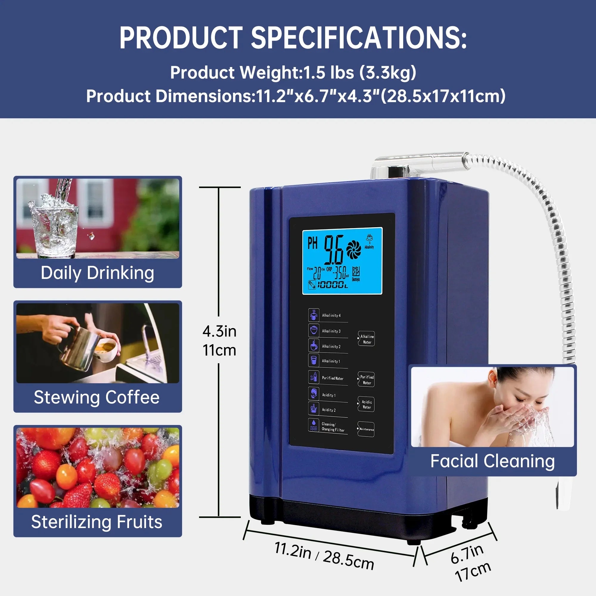 Alka Ionizer; Purifier System PH 3.5-10.5 Alkaline Acid System;Up to -500mV ORP; 8000 Liters Per Filter;7 Settings;Auto-Cleaning;Intelligent Voice (blue )