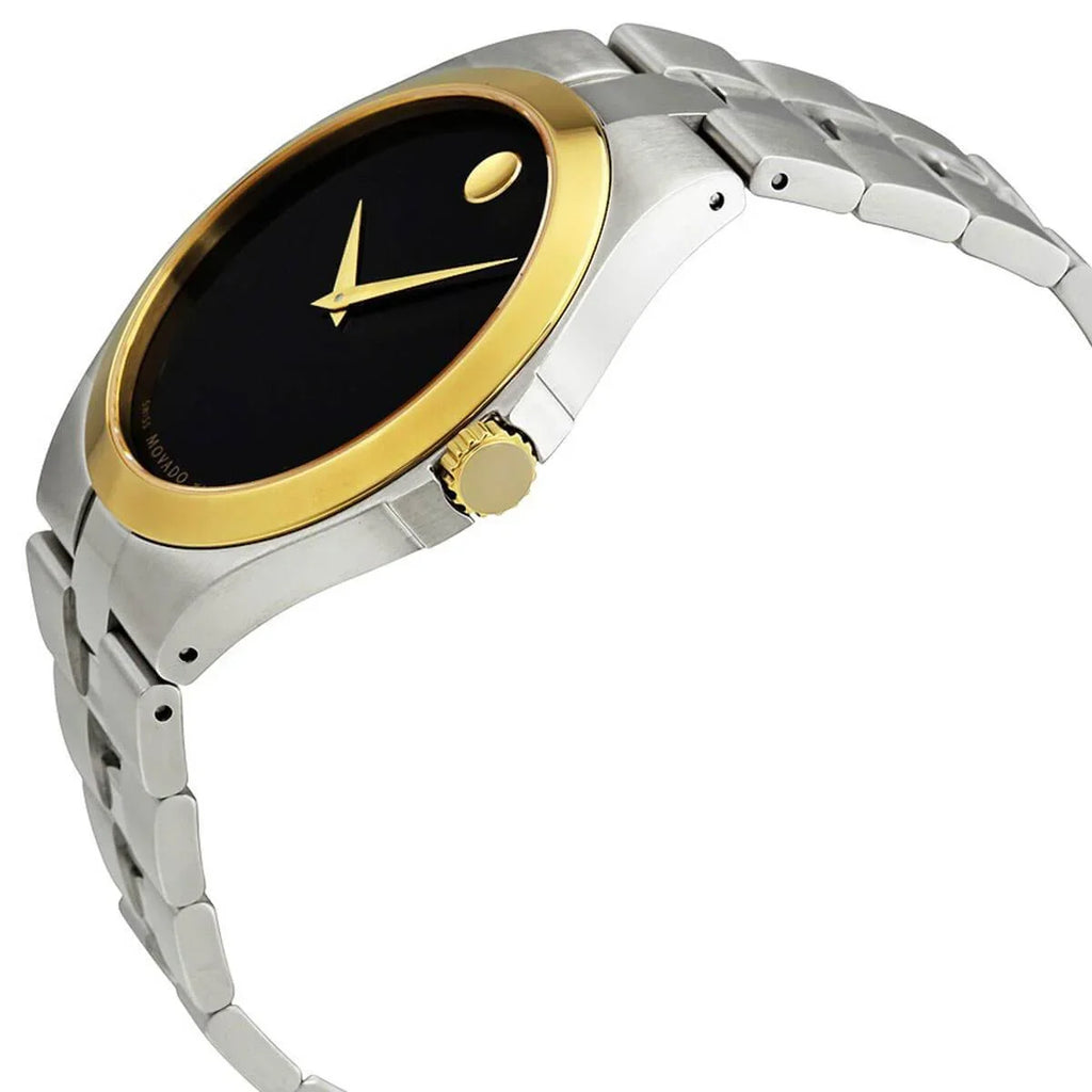 Movado Edition Black Dial Gold Tone Bezel Steel Quartz Ladies Watch 606910
