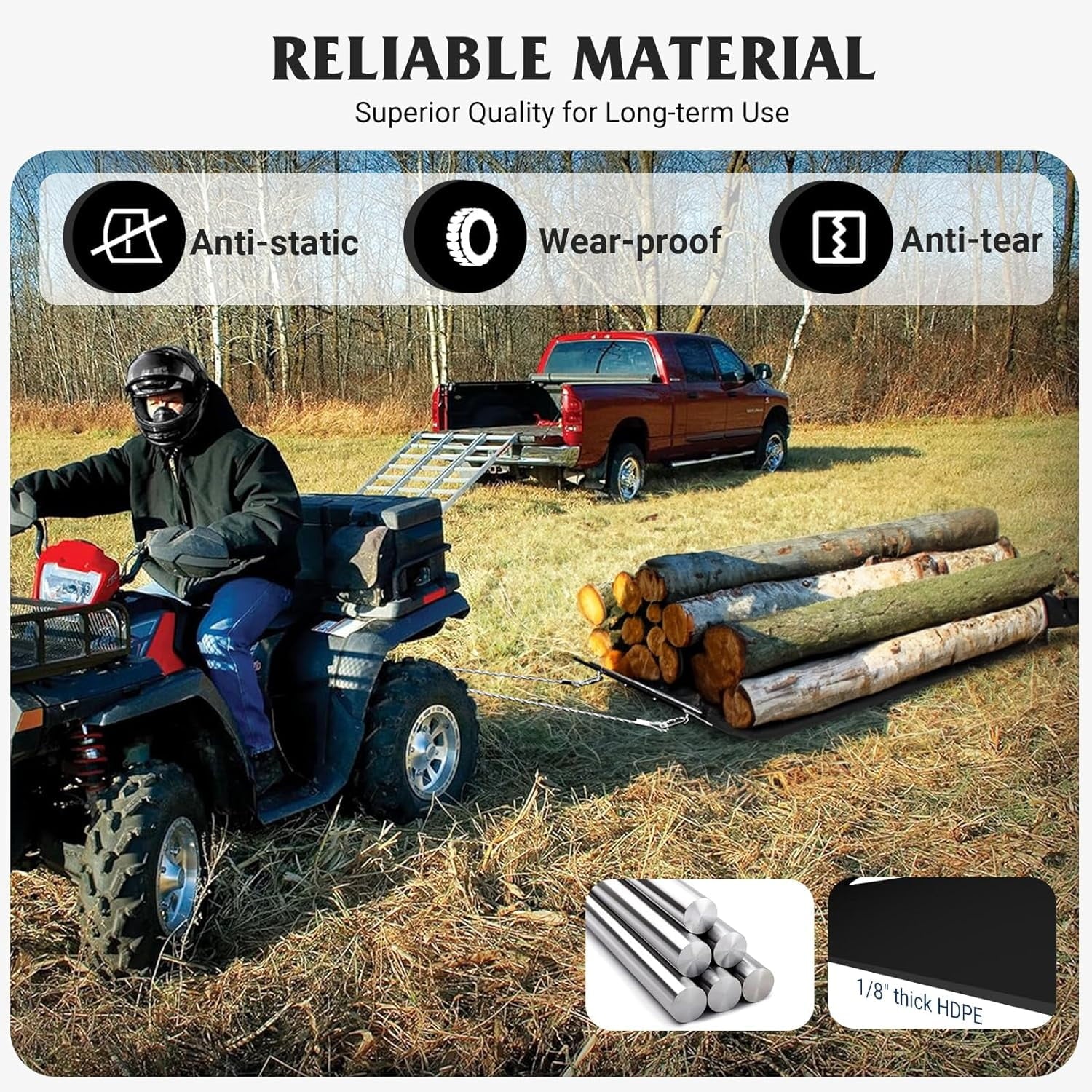 ERAMENT 47" x 90" Heavy Duty Yard Sled; 1/8 cm Thickened HDPE Yard Drag Mat with Pull Cable and Bar for Commercial; Farm; Heavy Home; Hauling Debris; Construction Materials; Logs and Hunting Trophy
