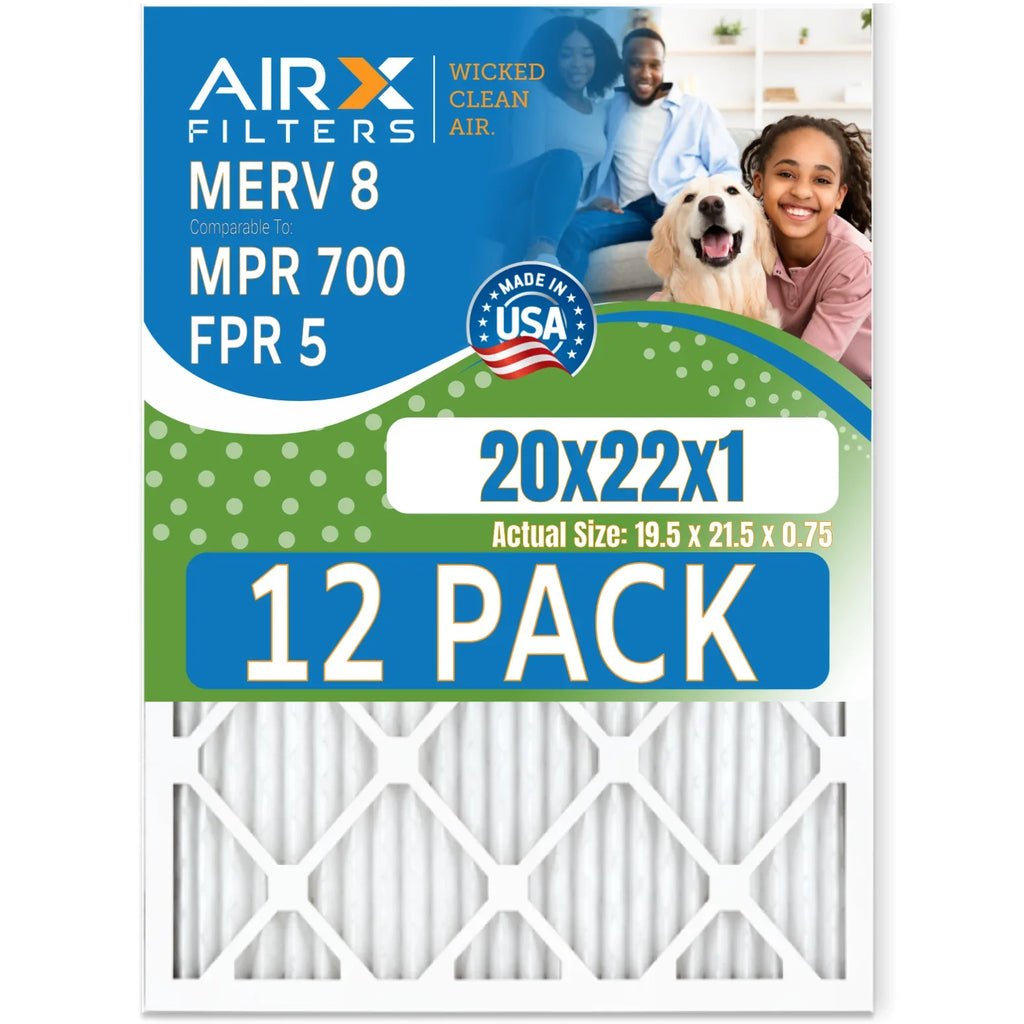 20x22x1 Air Filter MERV 8 Rating; 12 Pack of Furnace Filters Comparable to MPR 700 & FPR 5 - Made in USA by AIRX FILTERS WICKED CLEAN AIR.