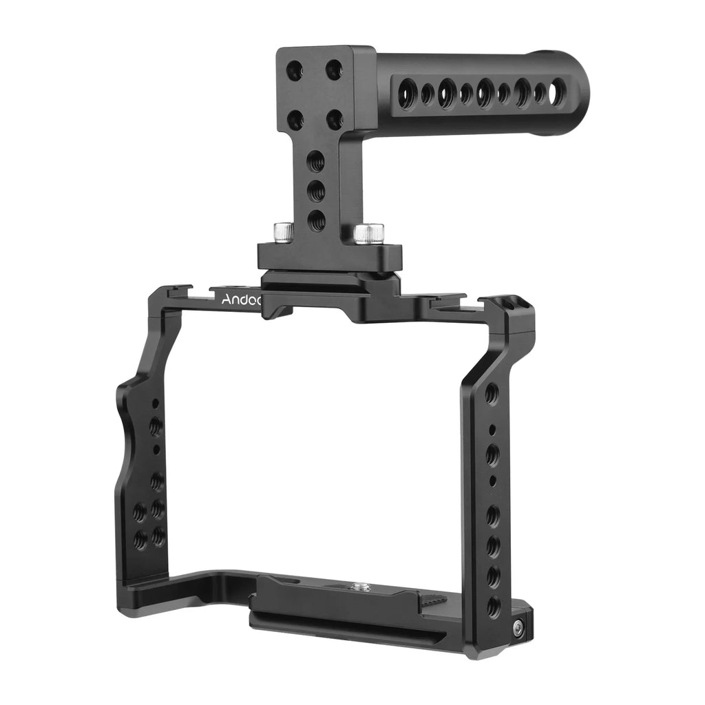 Andoer Camera Video Cage + Handle Kit Aluminum Alloy with Dual Cold Shoe Mounts Numerous 1/4 foot Threads Replacement for Sony A7IV/ A7III/ A7II/ A7R III/ A7R II/ A7S II