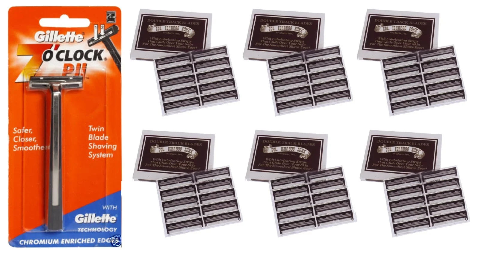 Gillette 7 O'Clock PII Trac II Razor + Colonel Ichabod Conk Trac II Blade Cartridges 10 ct. (Pack of 6)