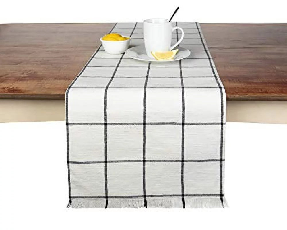 Sticky Toffee Table Runner Cotton Farmhouse Plaid 14 in x 72 in; Table Décor for Kitchen or Dining; Cream Cloth Woven Table Runners