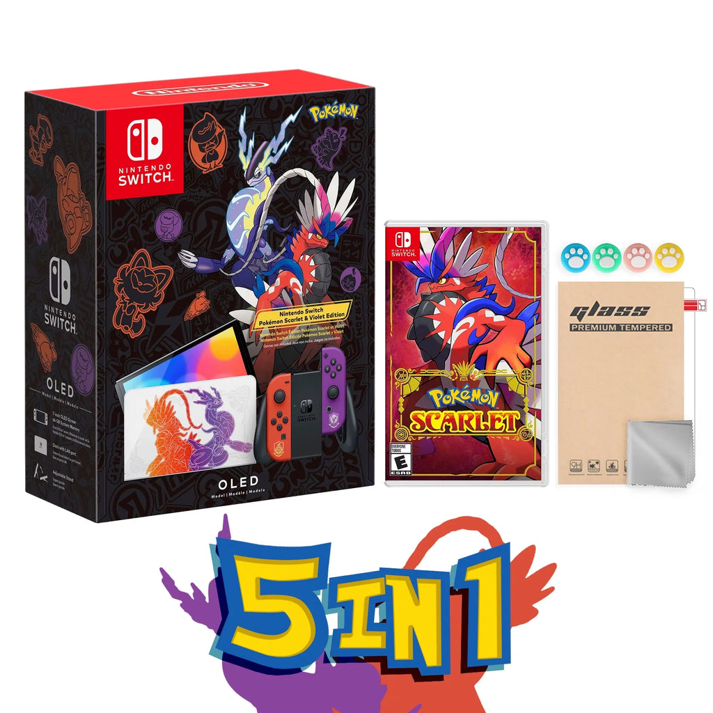 2022 Nintendo Switch OLED Model Pokemon Scarlet & Violet Limited Edition; Pokemon Illustrations 64GB Console; Koraidon and Miraidon Glossy White Dock; Pokemon Scarlet Game and Mytrix Accessories