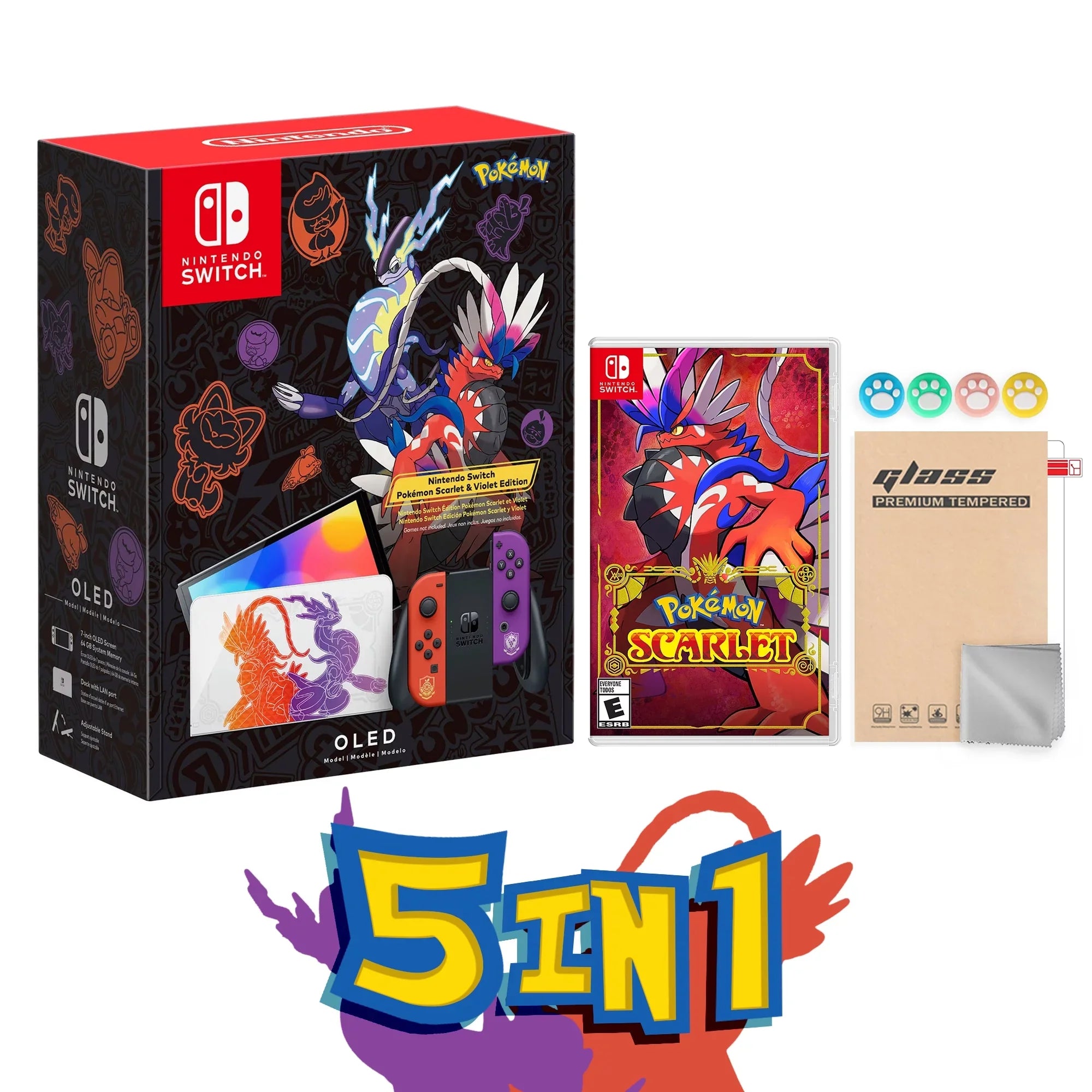 2022 Nintendo Switch OLED Model Pokemon Scarlet & Violet Limited Edition; Pokemon Illustrations 64GB Console; Koraidon and Miraidon Glossy White Dock; Pokemon Scarlet Game and Mytrix Accessories