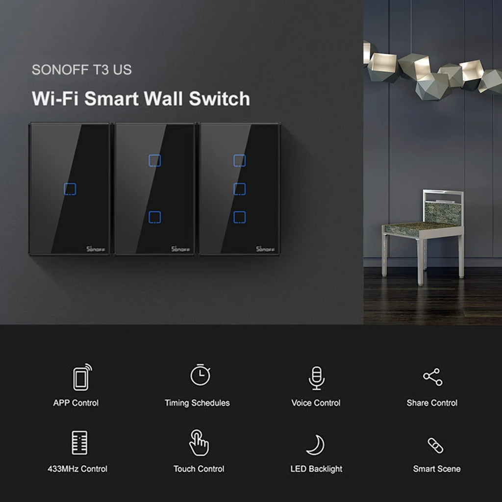 T3US2C-TX 2 Gang Smart WiFi Wall Light Switch 433Mhz RF Remote Control APP/Touch Control Timer US Standard Panel Smart Switch Compatible with Google Home/Nest & Alexa