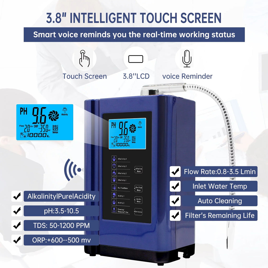 Alka Ionizer; Purifier System PH 3.5-10.5 Alkaline Acid System;Up to -500mV ORP; 8000 Liters Per Filter;7 Settings;Auto-Cleaning;Intelligent Voice (blue )