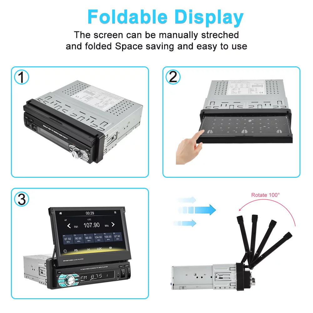 Podofo Universal Single 1 DIN 7" HD Touchscreen Retractable Car Stereo Radio Bluetooth Auto Apple Carplay Android Auto FM Video Player Mirror Link Function; with 12 LED Backup Camera