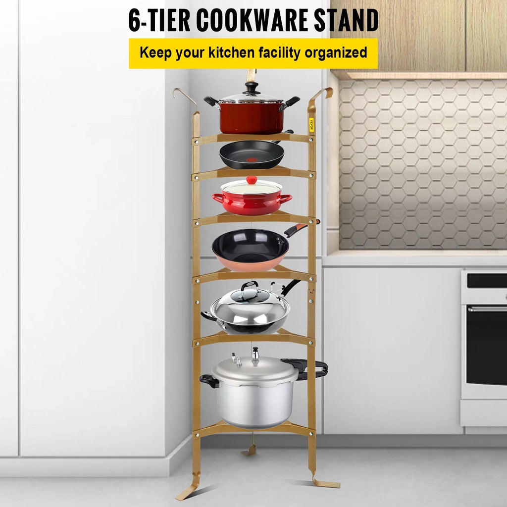 6-Tier Cookware Stand; Carbon Steel Multi-Layer Pot Rack; 61-inch Cookware Shelf; Copper Cookware Storage Tower; Unassembled Kitchen Corner Shelf Rack for Pans; Pots; Baskets Kettles Storage