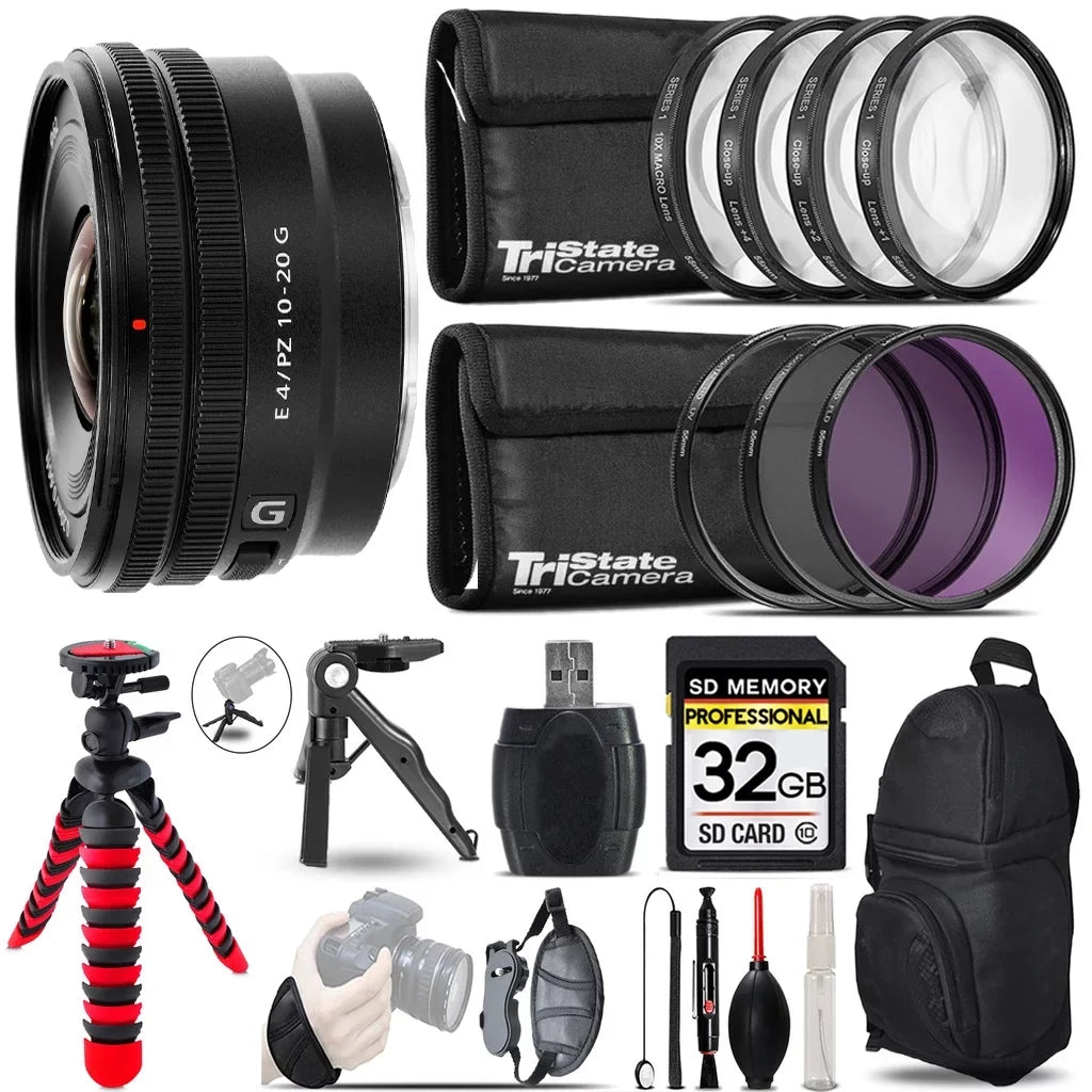 Sony E 10-20mm f/4 PZ G Lens + MACRO; UV-CPL-FLD Filter - 32GB Accessory Kit