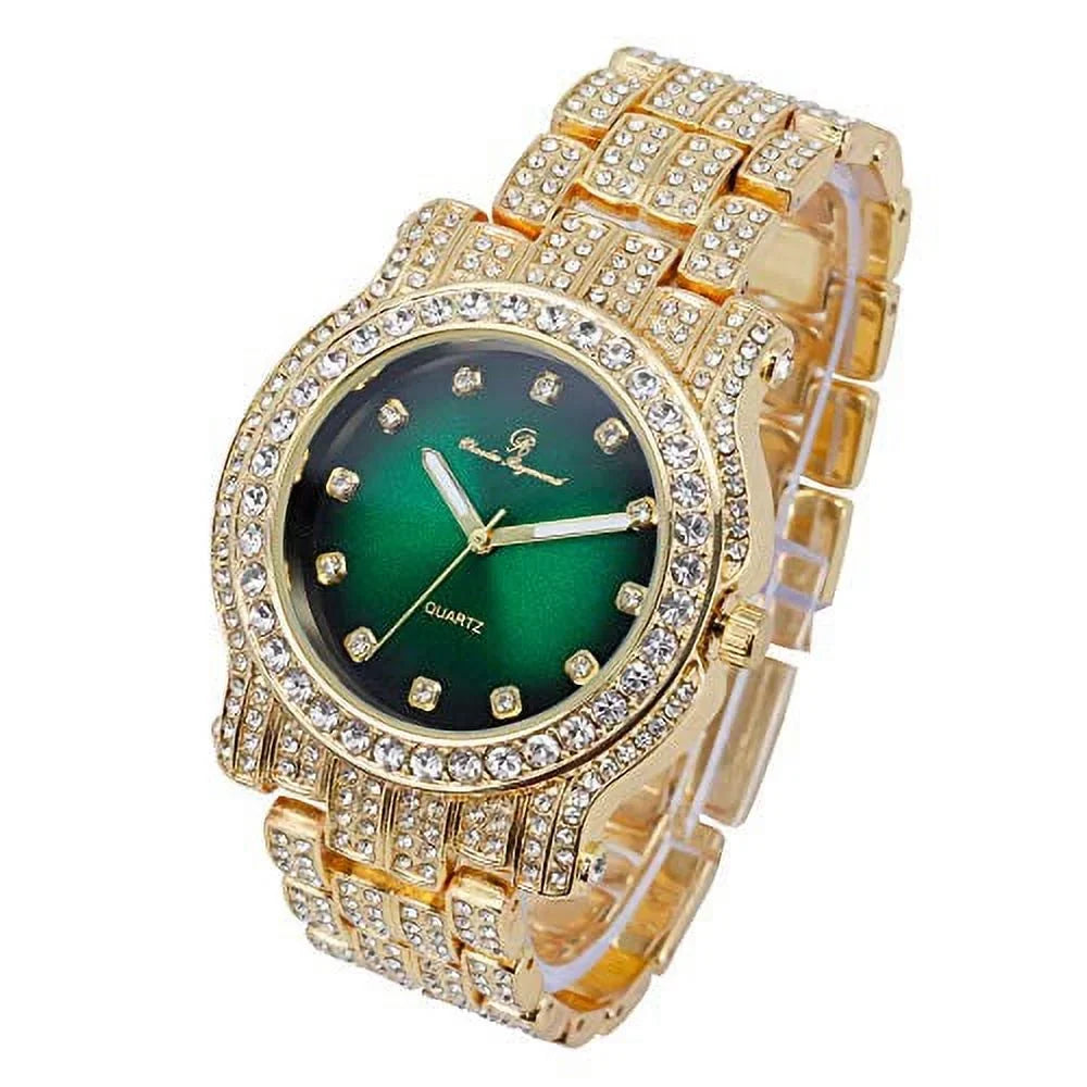 Bling-ed Out Silver Round Luxury Mens Watch w/Bling-ed Out Bracelet - (L0504DXB ZZ Gold Money Green)