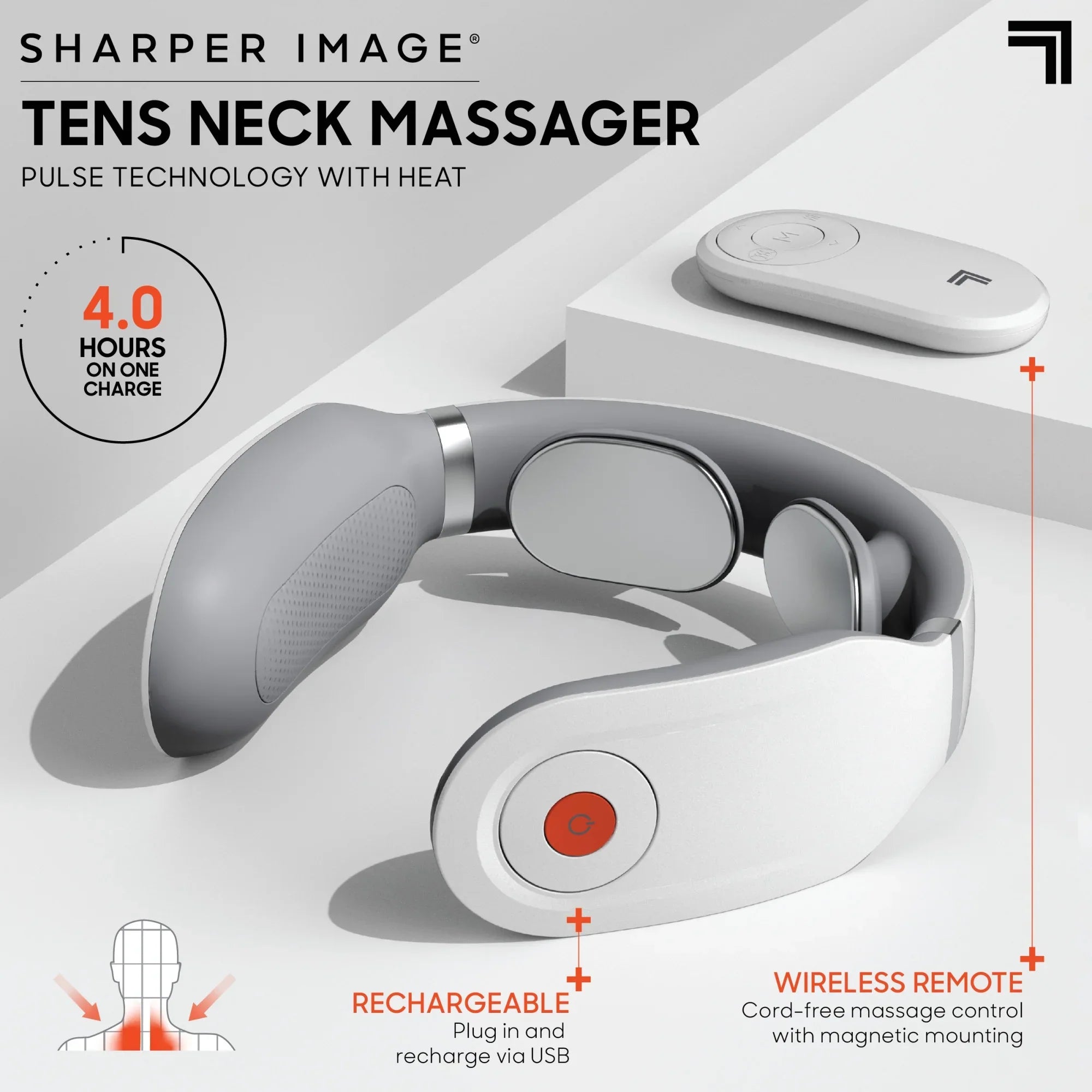 Sharper Image® Neck Tens Muscle Stimulator with Soothing Heat & Wireless Remote; Pain Relief Therapy With 3 Massage Modes & 15 Intensity Levels; USB Rechargeable; 4 Hour Battery Life