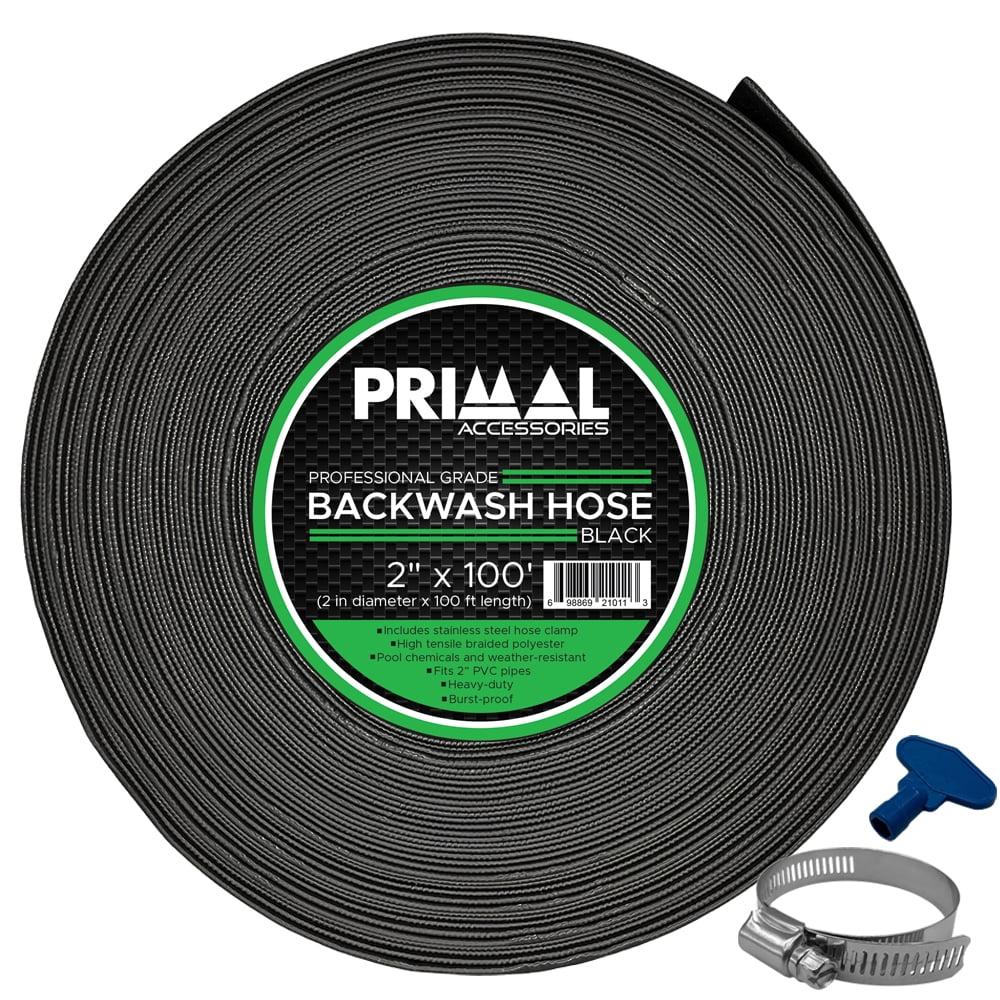 Primal Accessories Backwash Hose 2 inch x 100 feet Commercial Grade Black 3 Bar / 43.5 psi