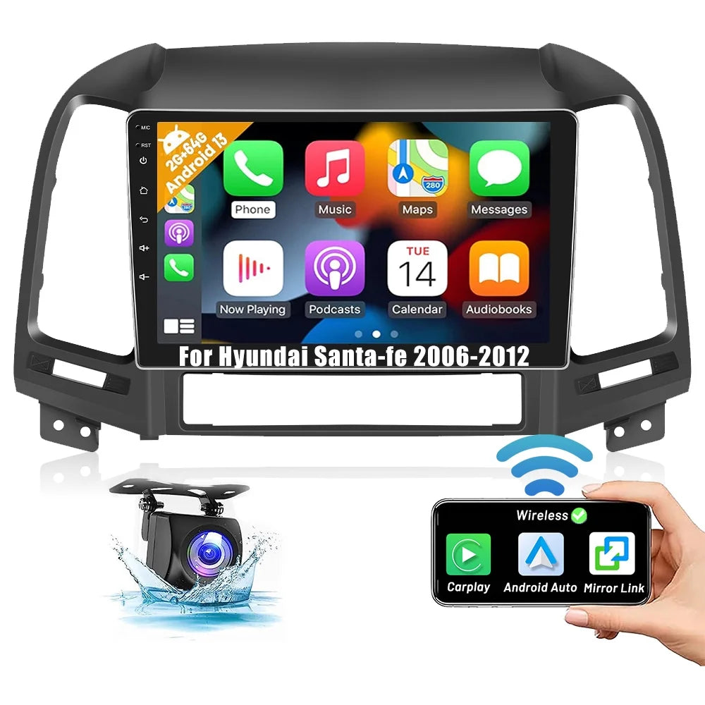 Podofo 2+64G for Hyundai Santa-fe 2006-2012 9'' Car Stereo Radio Wireless Carplay Android Auto Mirror Link Android 13 WIFI GPS FM Bluetooth USB Hifi;AHD Backup Camera